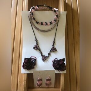 Estate Sale! Vintage Beaded Pink Jewelry w/ 3 Bracelets, 2 Earrings, & Necklace